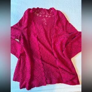 Susan Graver Vibrant Cranberry Red Two Layer Lace Top Set, Women’s Large